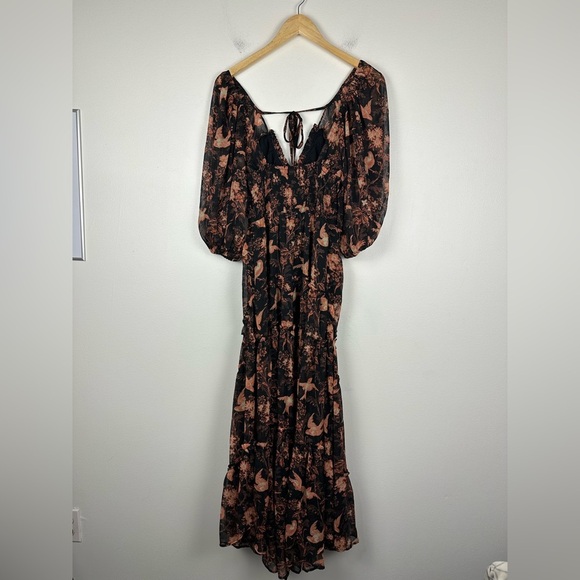 Free People You're A Jewel Maxi Dress Chiffon Black Rose Bird Print Floral Sz XS - Picture 3 of 11